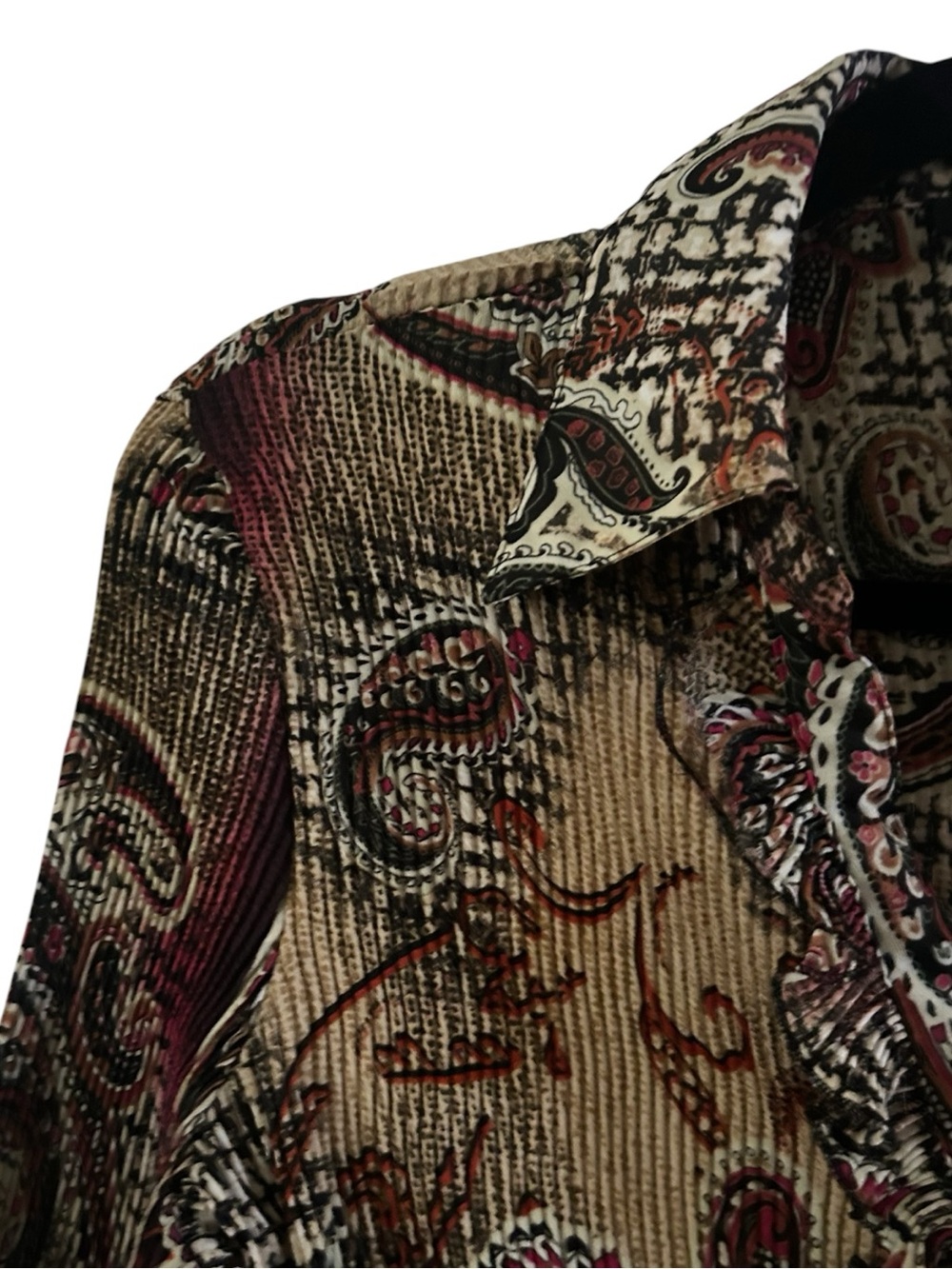 Sioni Paisley Ruffle Button-Down Top - Burgundy, Beige, Black - Picture 8 of 9